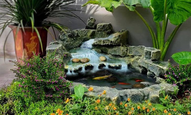 Tiểu cảnh từ xốp và xi măng kết hợp trồng cây thủy sinh